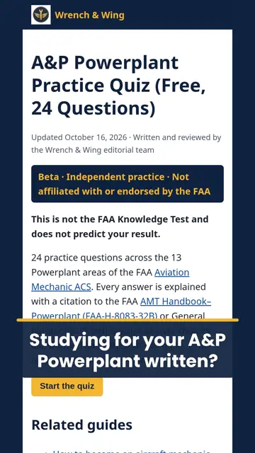 Screenshot of the Wrench & Wing Powerplant practice quiz start screen on a phone